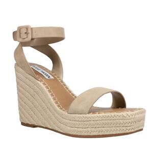 Steve Madden Women's Upstage Leather Buckle Wedge Sandals Beige Size 11M